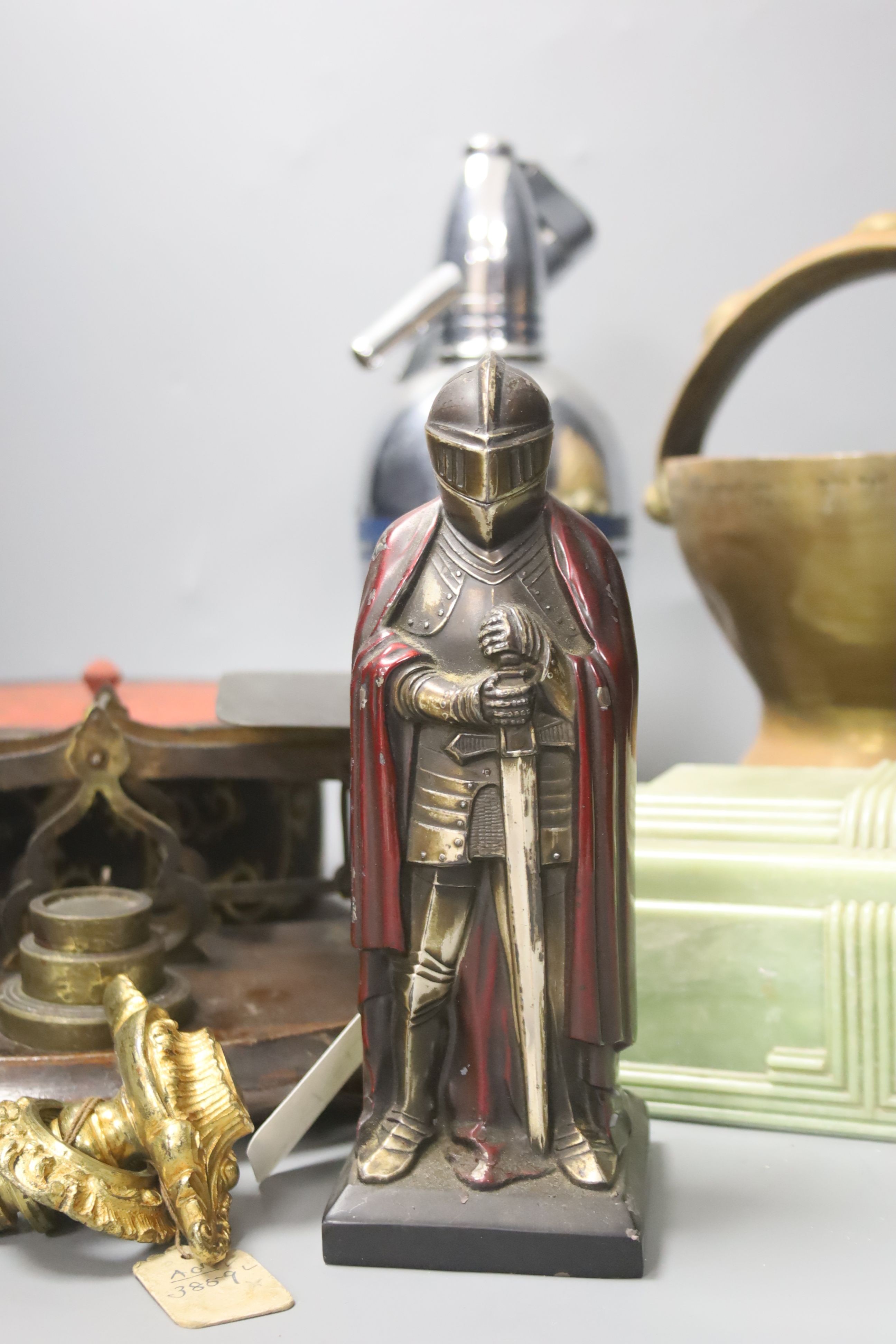 A set of letter scales and weights, a painted metal 'Medieval Knight' table lighter and sundry items